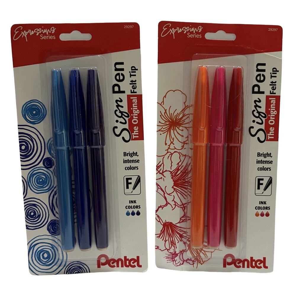 Pentel Sign Pen Fine Felt Tip Assorted Colors 3 Pack Lot of 2 6 Pens NEW